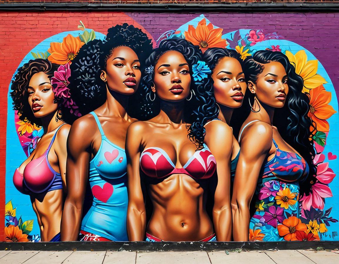 A vibrant urban mural depicting diverse women of various body types confidently showcasing their unique anatomy amidst a colorful city backdrop. Include empowering symbols like flowers and hearts, with bright, bold colors representing strength and positivity. Incorporate graffiti art elements to give an urban feel, highlighting community unity and empowerment. super-realistic. vibrant colors. urban art style.