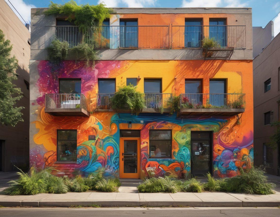 A vibrant cityscape featuring diverse individuals engaged in intimate acts of creative expression, such as painting murals, playing music, and sharing stories in cozy urban corners. The scene is filled with colorful street art and greenery breaking through concrete, symbolizing empowerment and connection. Warm, inviting lighting adds to the atmosphere, emphasizing community bonds. super-realistic. vibrant colors. 3D.